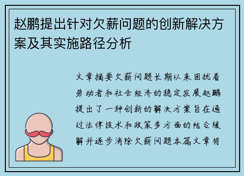 赵鹏提出针对欠薪问题的创新解决方案及其实施路径分析